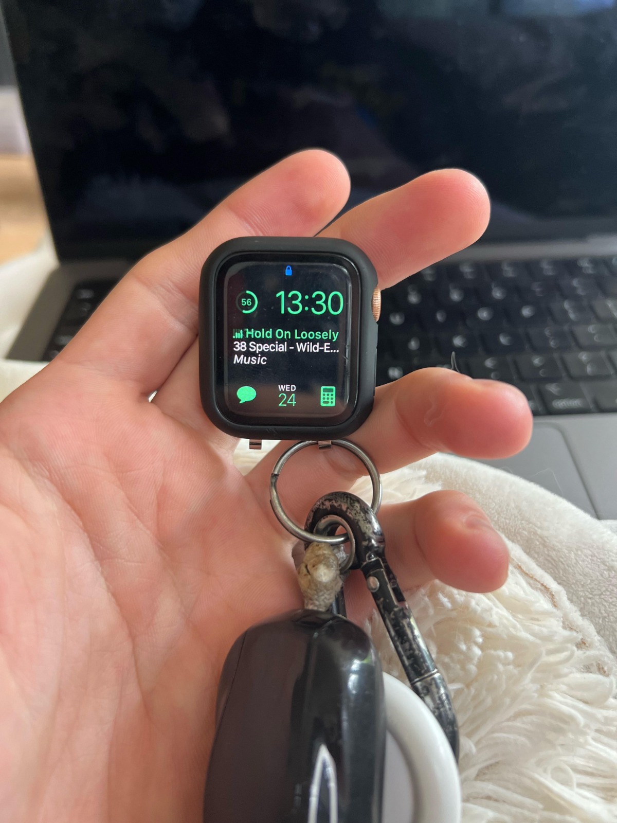 MemoryKey on a keyring, displaying a moment on its small screen